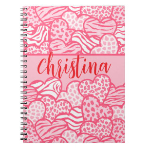 Girly Blush Pink Cute Animal Print Hearts Name  Notebook