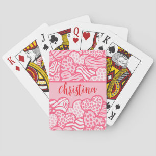 Girly Blush Pink Cute Animal Print Hearts Name  Playing Cards