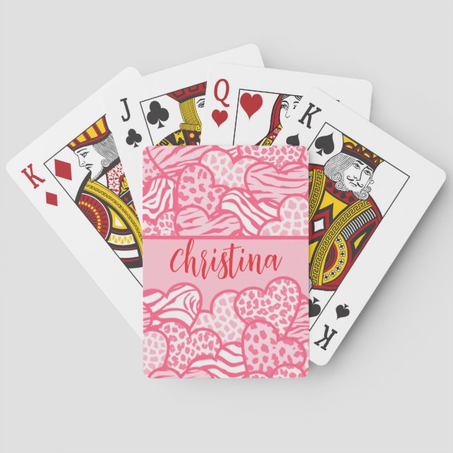 Girly Blush Pink Cute Animal Print Hearts Name  Playing Cards (Back)