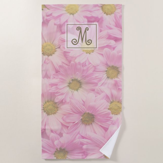 Girly Blush Pink Daisies Custom Monogram Beach Towel (Front)