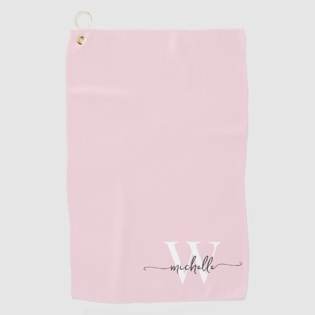 Girly Blush Pink Elegant Monogram Name Script Golf Golf Towel (Front)