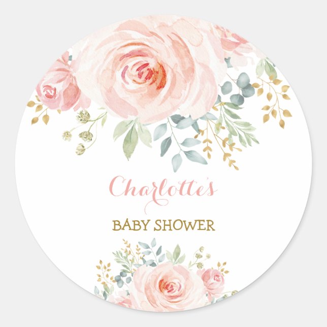 Girly Blush Pink Floral Baby Shower Favor Classic Round Sticker (Front)