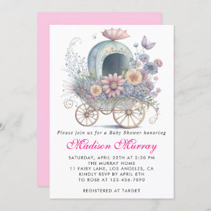 Girly Blush Pink Floral Buggy Stroller Baby Shower Invitation