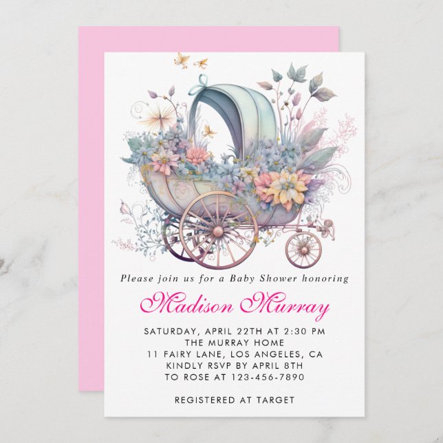 Girly Blush Pink Floral Buggy Stroller Baby Shower Invitation (Front/Back)