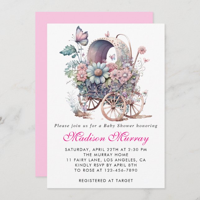 Girly Blush Pink Floral Buggy Stroller Baby Shower Invitation (Front/Back)