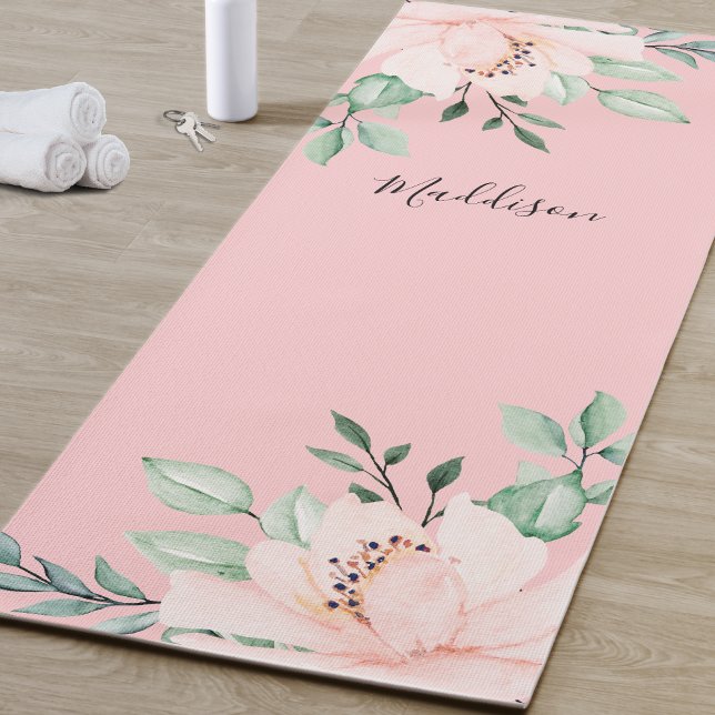 Girly Blush Pink Floral Name Yoga Mat (Girly Pink Flower Yoga Mat)