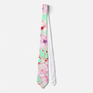 Girly Blush Pink Floral on Mint Green Tie