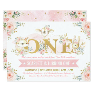Girly Blush Pink Floral Rose 1st Birthday Party Invitation