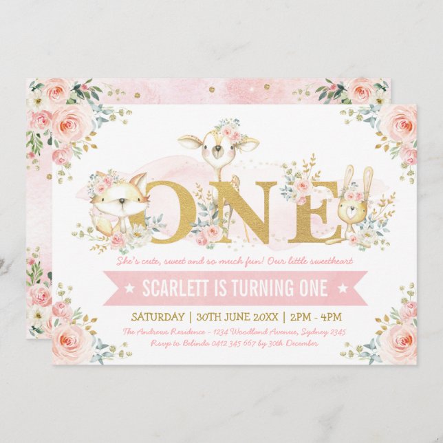 Girly Blush Pink Floral Rose 1st Birthday Party Invitation (Front/Back)