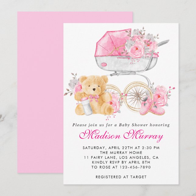 Girly Blush Pink Floral Stroller Pram Baby Shower Invitation (Front/Back)