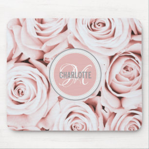 Girly blush pink flowers monogrammed name mouse pad
