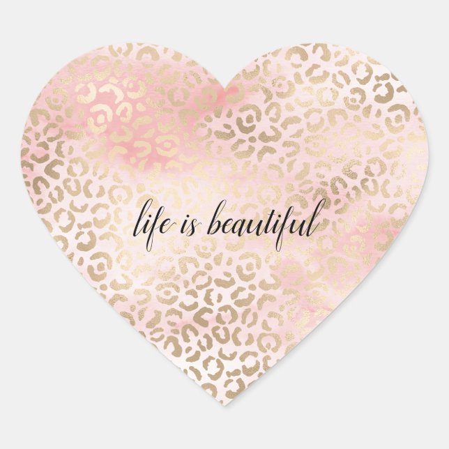 Girly Blush Pink Glam Gold Leopard Print Heart Sticker (Front)