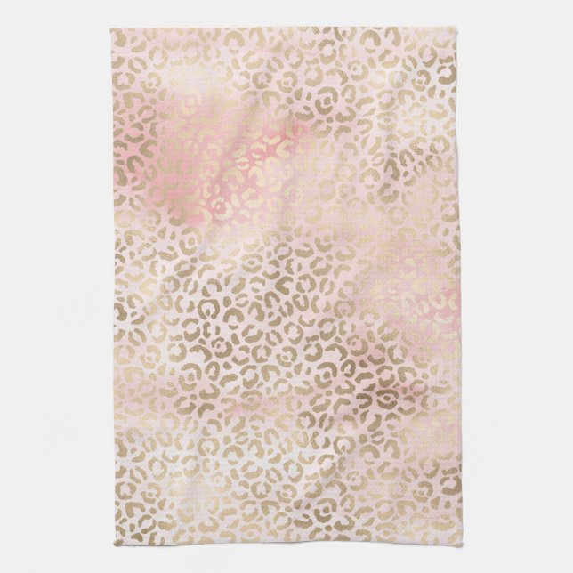 Girly Blush Pink Glam Gold Leopard Print Tea Towel (Vertical)