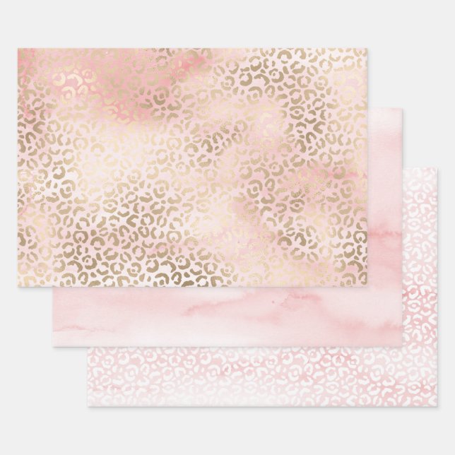 Girly Blush Pink Glam Gold Leopard Print Wrapping Paper Sheet (Set)