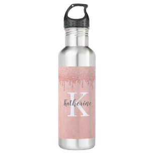 Girly Blush Pink glitter drips Monogram 710 Ml Water Bottle