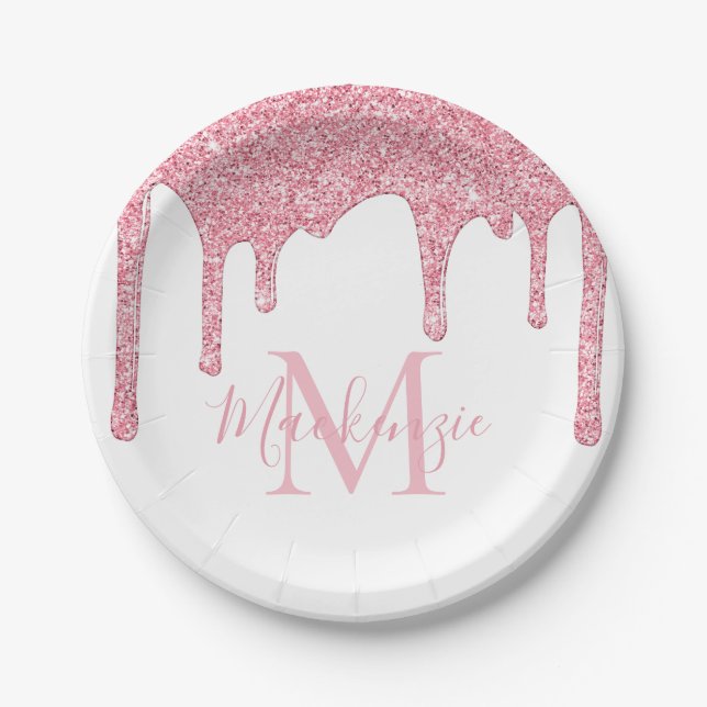 Girly Blush Pink Glitter Drips Monogram Birthday Paper Plate (Front)