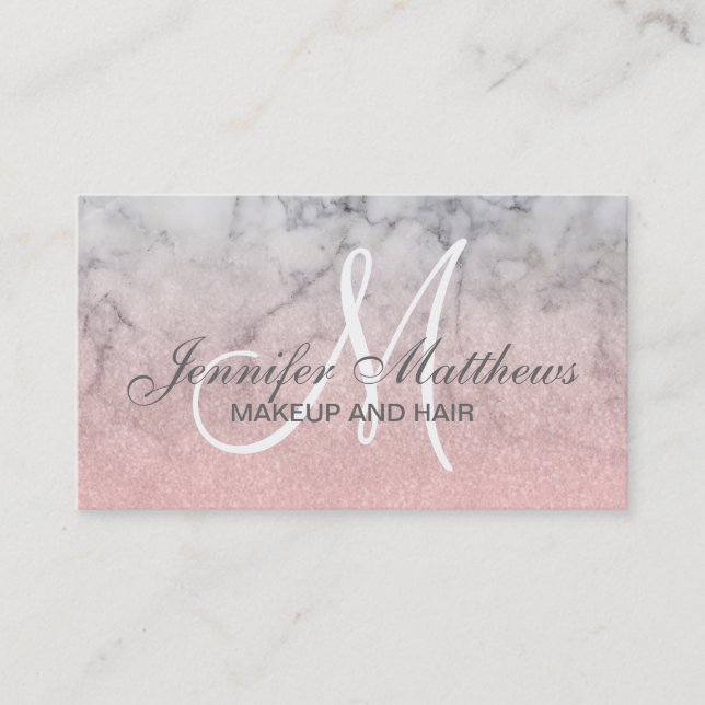Girly Blush Pink Glitter Marble Monogram Makeup Business Card (Front)