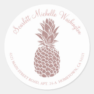Girly Blush Pink Glitter Pineapple Address Classic Round Sticker