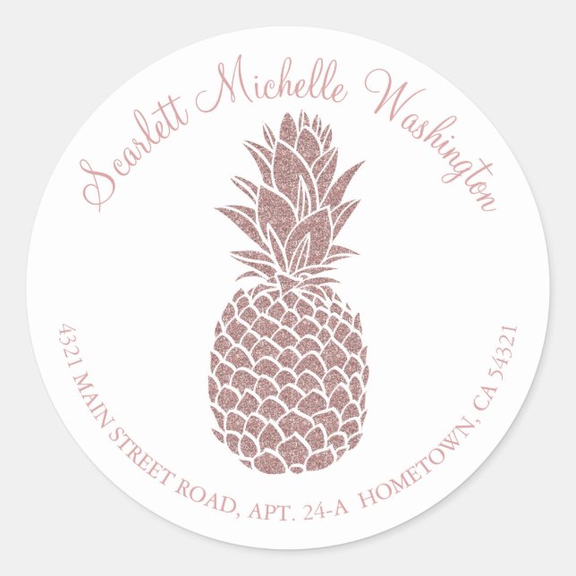 Girly Blush Pink Glitter Pineapple Address Classic Round Sticker (Front)