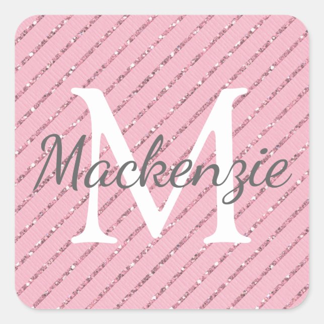 Girly Blush Pink Glitter Stripes Monogram Square Sticker (Front)