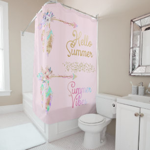 Girly Blush Pink & Gold Boho Feather Hello Summer Shower Curtain
