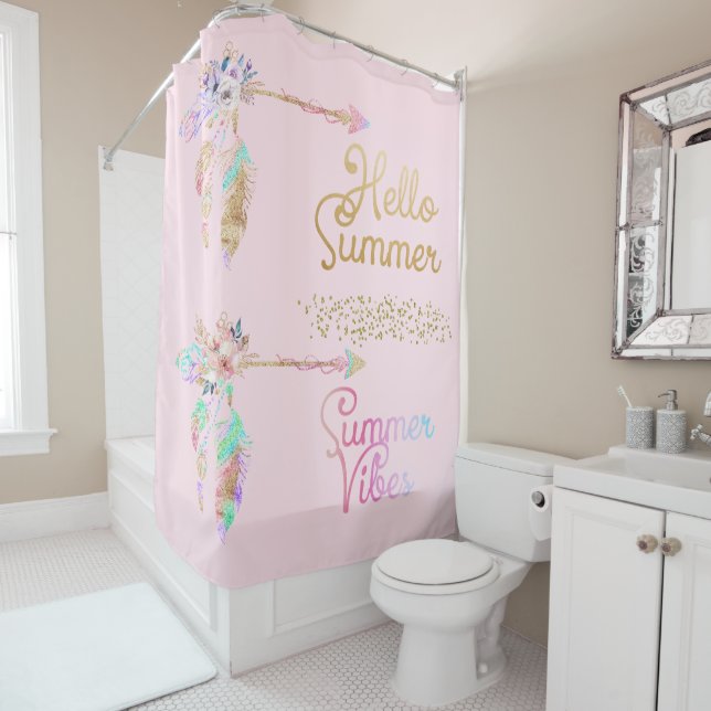 Girly Blush Pink & Gold Boho Feather Hello Summer Shower Curtain (In Situ)