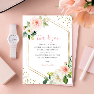 Girly Blush Pink Gold Floral Baby Shower Boho Rose Thank You Card