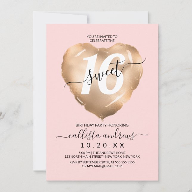 Girly Blush Pink Gold Foil Heart Balloon Sweet 16 Invitation (Front)