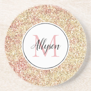 Girly Blush Pink Gold Glitter Print Monogram Coaster