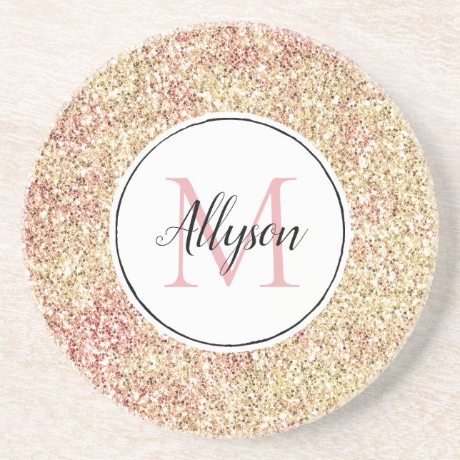 Girly Blush Pink Gold Glitter Print Monogram      Coaster (Front)