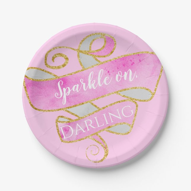 Girly Blush Pink Gold Glitter Sparkle On, Darling Paper Plate (Front)