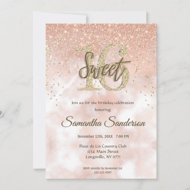 Girly Blush Pink Gold Glitter Sparkle Sweet 16 Invitation (Front)