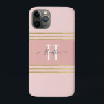Girly Blush Pink Gold Monogram Stripe iPhone 11 Pro Case<br><div class="desc">Protect your phone wiht this personalised girly Iphone 11 case. It has grey text and a white monogram initial on a beautiful blush pink background. Customise the Iphone cover with the name and initial of your choice to make someone feel extra special. Makes a fun gift for birthdays or for...</div>