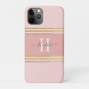 Girly Blush Pink Gold Monogram Stripe iPhone 11 Pro Case