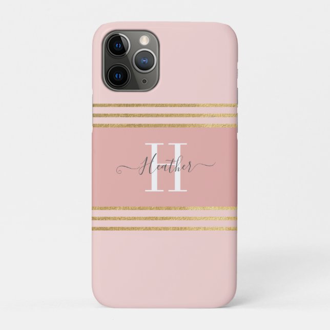 Girly Blush Pink Gold Monogram Stripe Case-Mate iPhone Case (Back)
