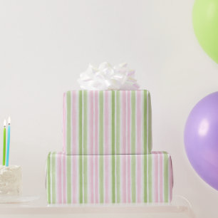 Girly Blush Pink Green Stripes Birthday Wrapping Paper