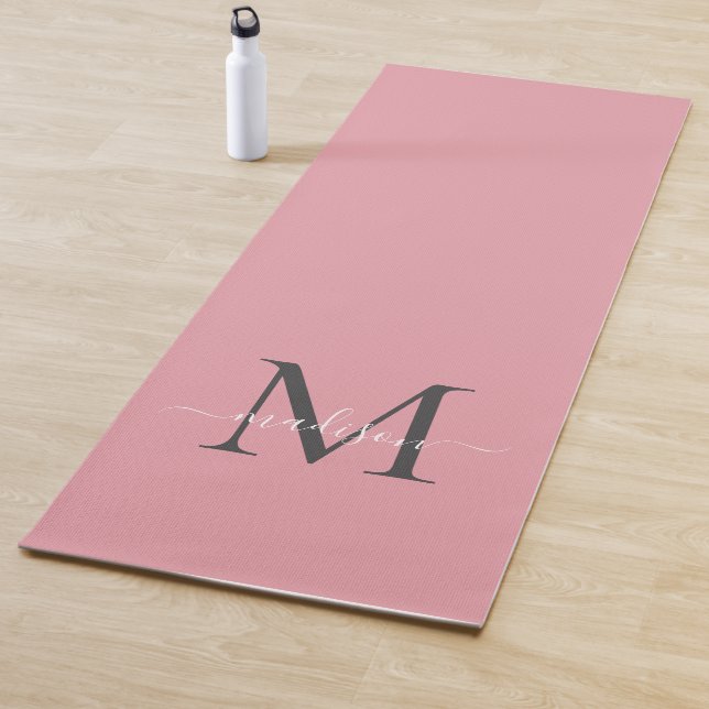 Girly Blush Pink Grey Monogram Elegant Script Yoga Mat (In Situ)