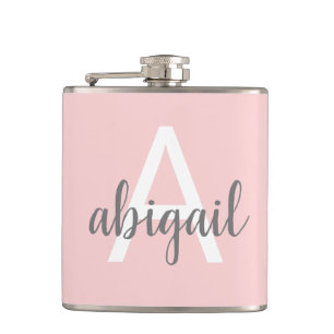 Girly Blush Pink Grey Monogram Vinyl Wrapped Flask