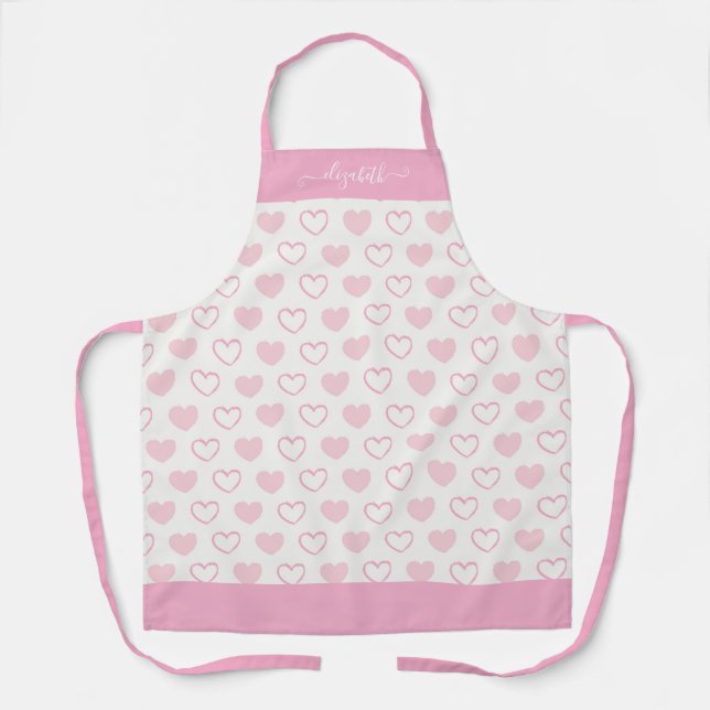 Girly Blush Pink Heart Pattern Feminine Script Apron (Front)