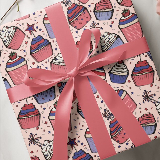 Girly Blush Pink July 4th Patriotic Cupcakes Wrapping Paper (Festive & Girly Hand-Drawn July 4th Patriotic Red, White & Blue Cupcakes with Toppers & Sprinkles.)