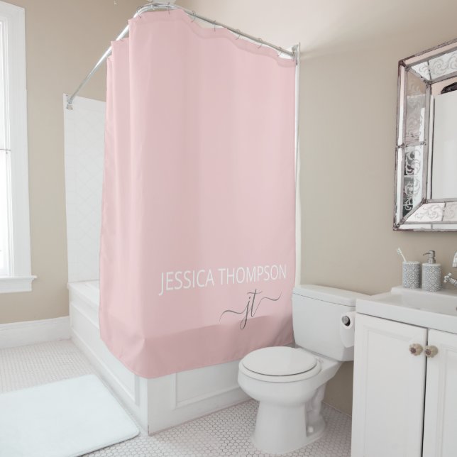 Girly Blush Pink Modern Simple Monogram Name Shower Curtain (In Situ)