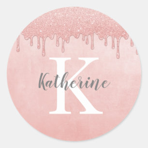 Girly Blush Pink Monogram Classic Round Sticker