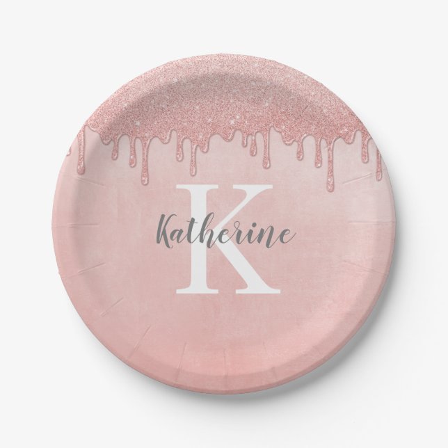 Girly Blush Pink Monogram Dripping Glitter Paper Plate (Front)
