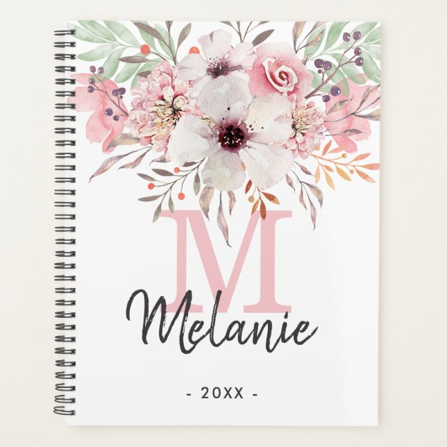 Girly Blush Pink Monogram Floral 2024 Planner (Front)