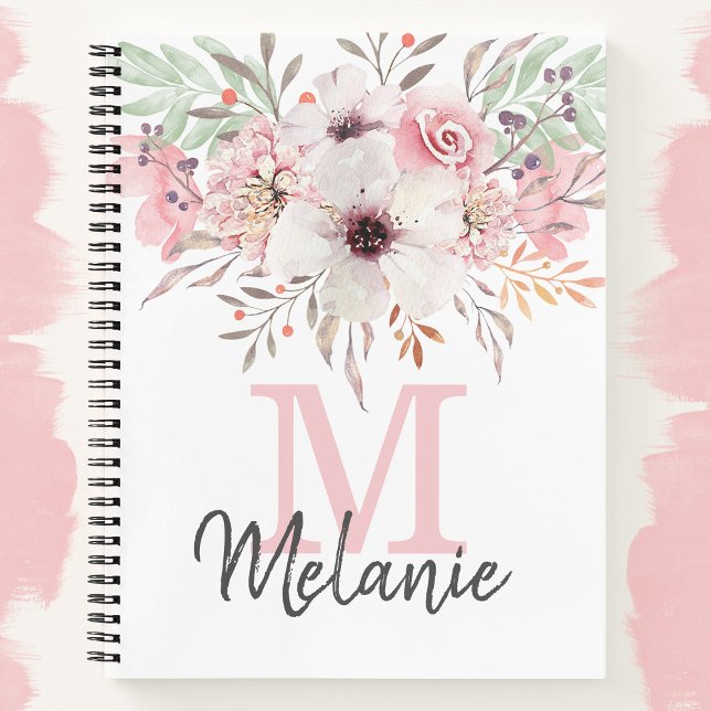 Girly Blush Pink Monogram Floral Notebook (Creator Uploaded)