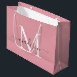 Girly Blush Pink Monogram Grey Elegant Script Name Large Gift Bag<br><div class="desc">Elegant Monogram Blush Pink Elegant Grey Script Name Large Gift Bag</div>