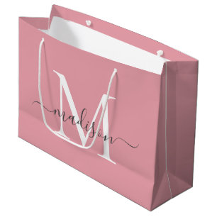 Girly Blush Pink Monogram Grey Elegant Script Name Large Gift Bag