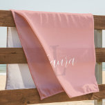 Girly blush pink monogram name script personalised beach towel<br><div class="desc">Modern blush dusty pink monogrammed and name personalised beach towel with a white chic feminine signature script.</div>
