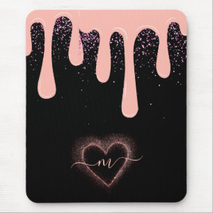 Girly Blush Pink Paint Drip Glitter Monogrammed Mouse Pad