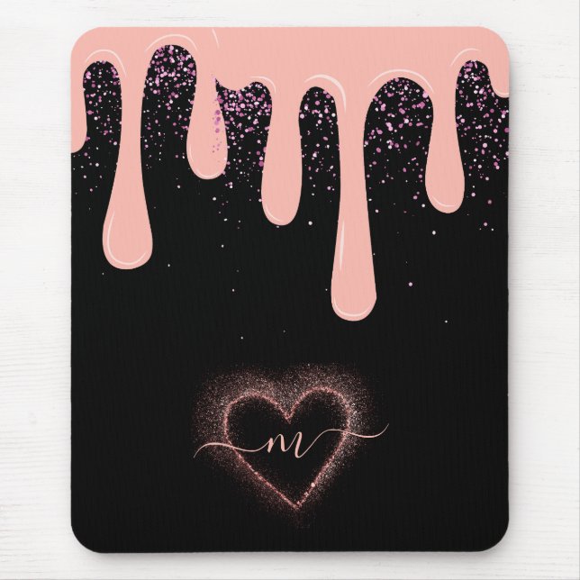 Girly Blush Pink Paint Drip Glitter Monogrammed  Mouse Pad (Front)